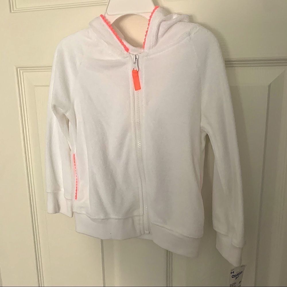 White terry sweater with neon hot pink trim